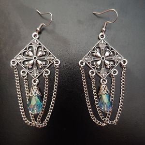 Aqua glass crystal teardrop and chain chandelier earrings